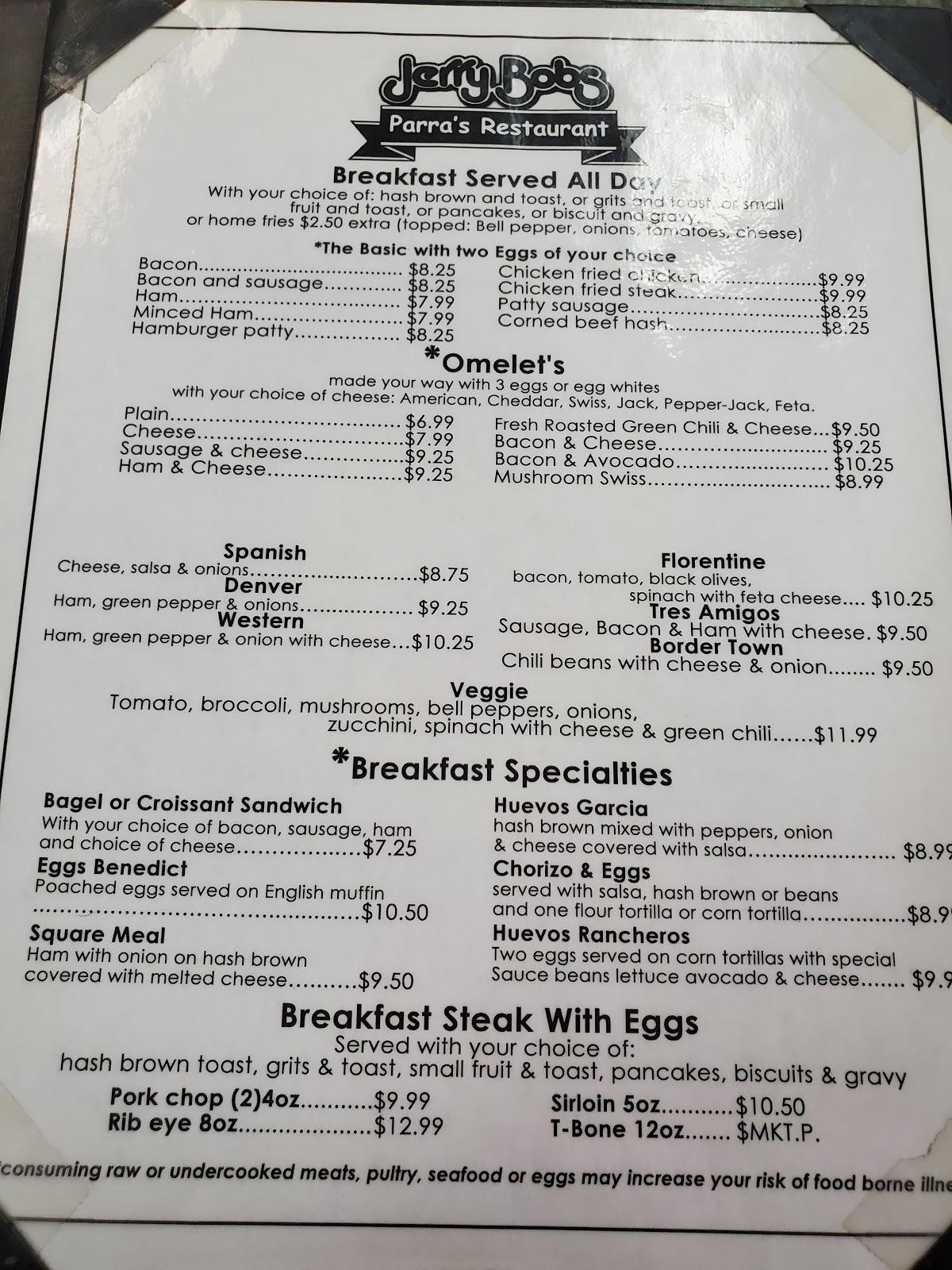 Menu at Jerry Bob's Restaurant, Tucson, E Valencia Rd