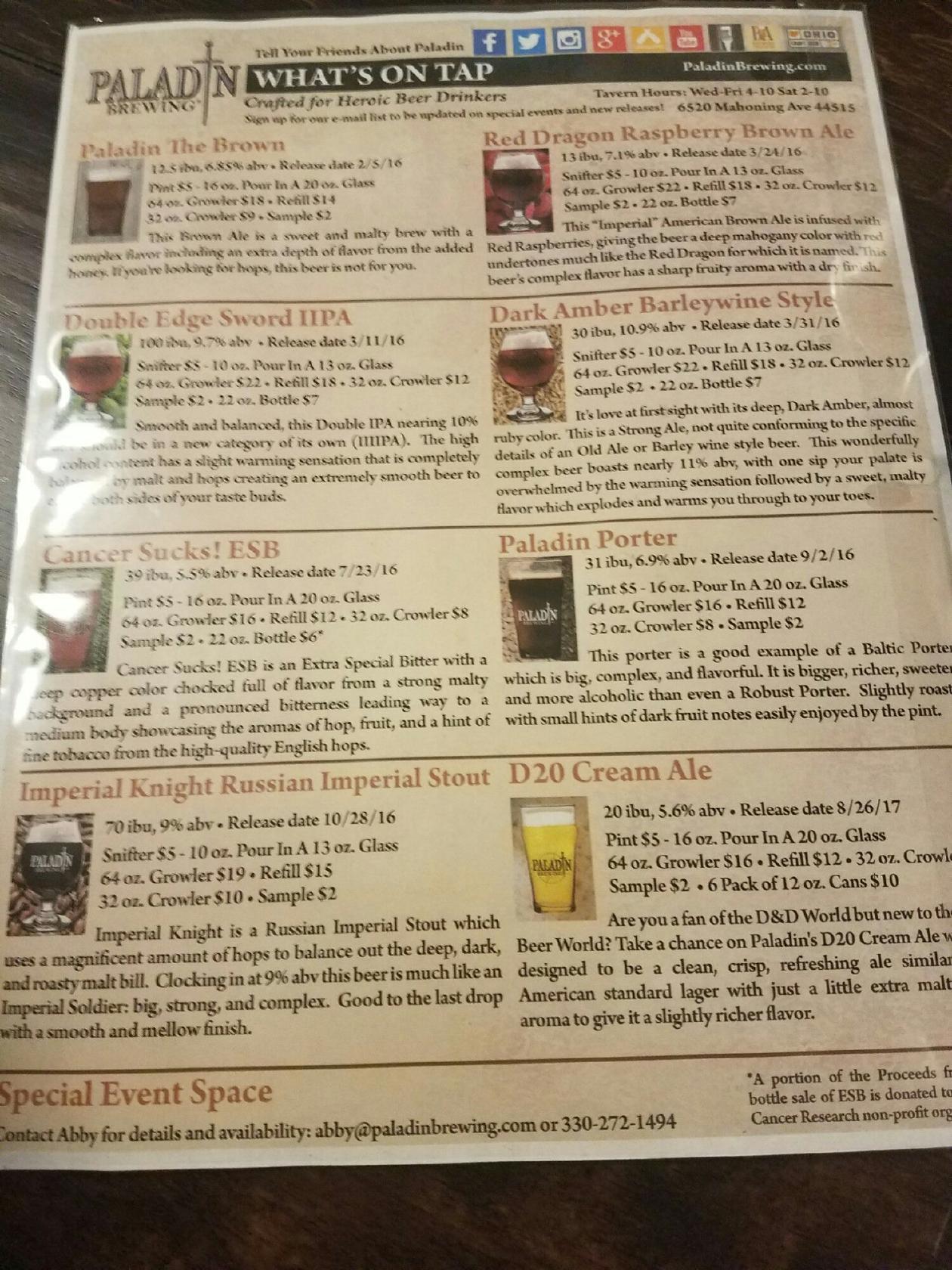 Menu at Paladin Brewing pub & bar, Austintown