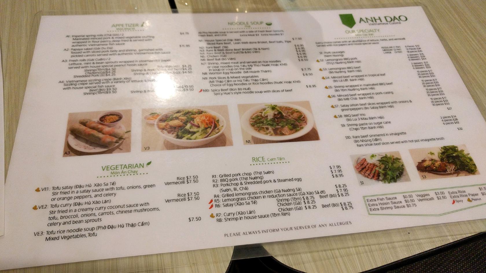 Menu at Anh Dao Restaurant, Toronto