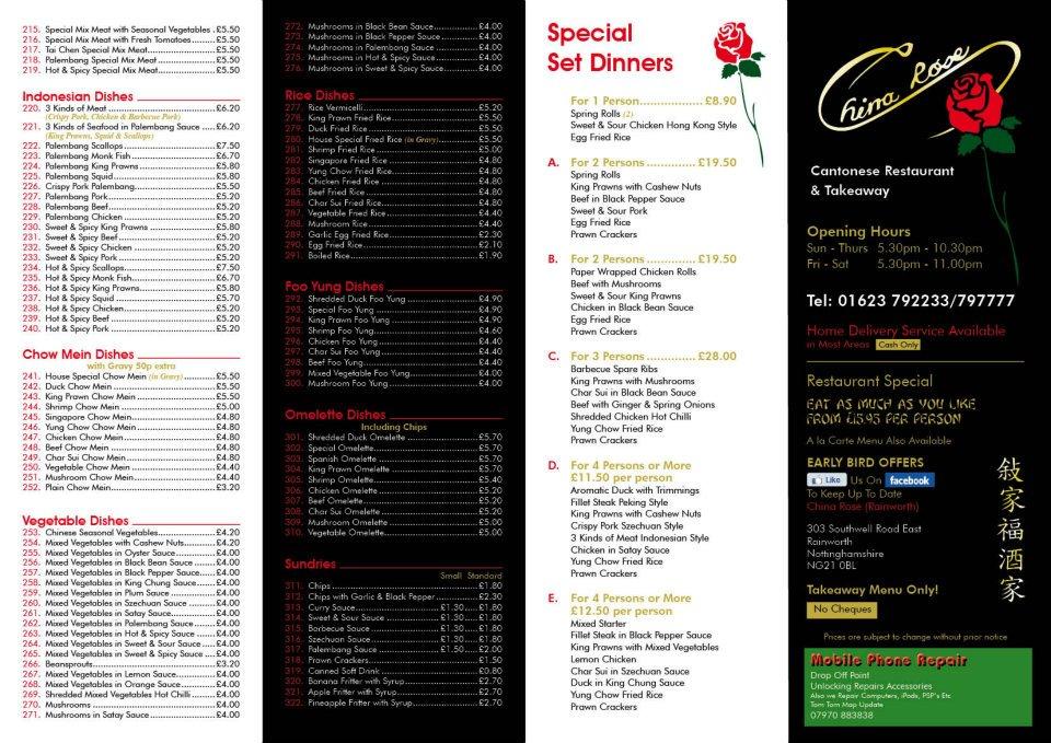 Menu at China Rose Restaurant And Takeaway, Mansfield