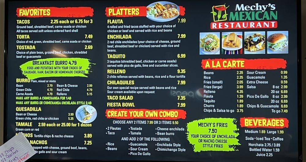 Menu at Mechy's Mexican Food restaurant, Safford, 720 W 5th St