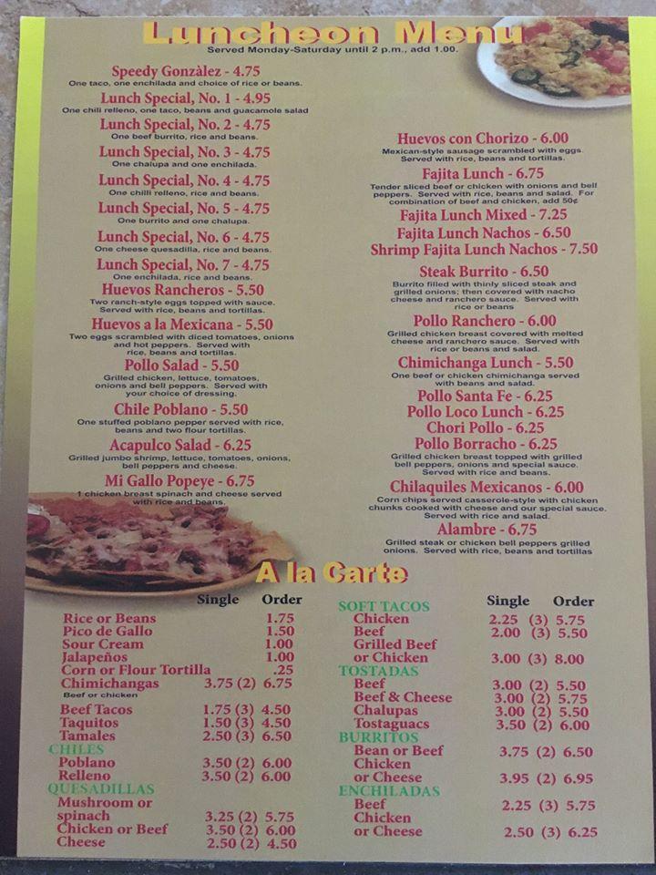 Menu at Mi Gallo Giro Mexican Restaurant, Fairmont