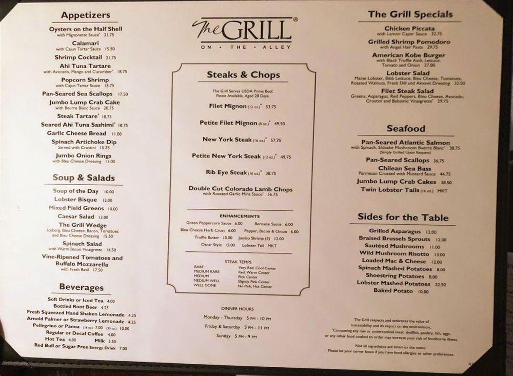 Menu at The Grill on the Alley pub & bar, San Jose