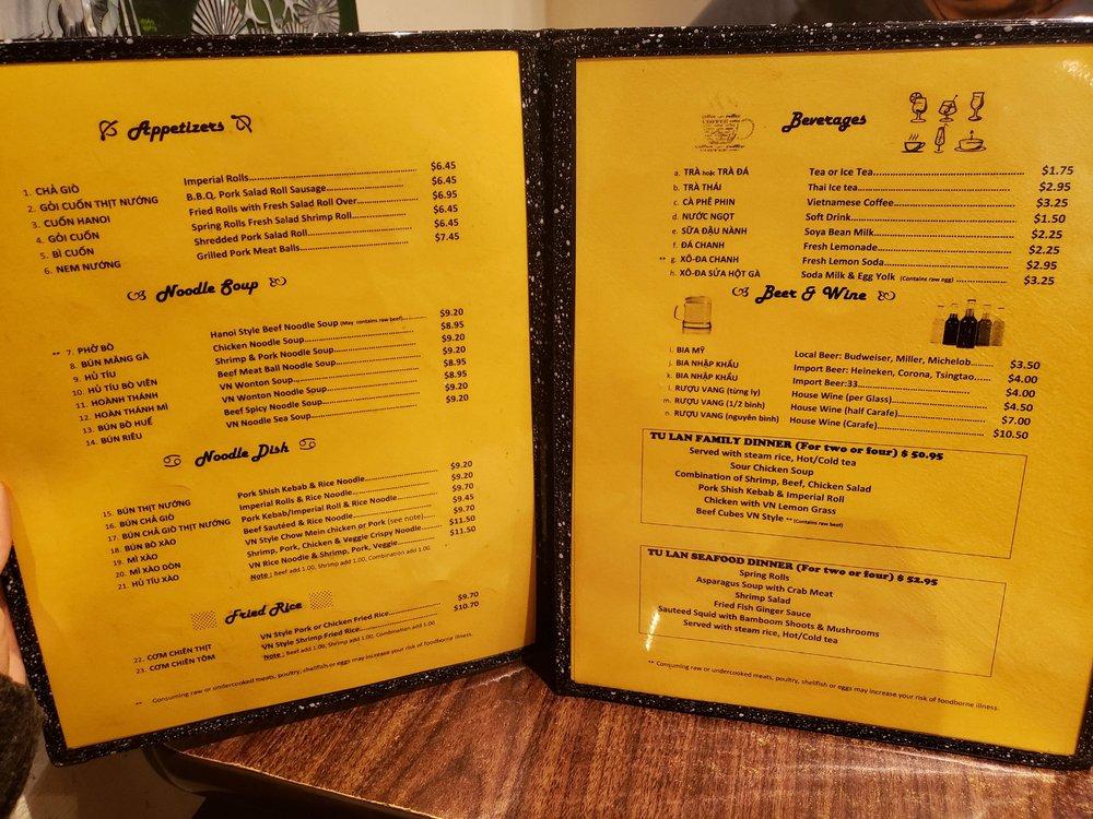 Menu at Tú Lan restaurant, San Francisco
