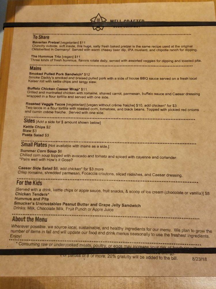 Menu at Well Crafted Beer Co. Lansdale Brewpub, Lansdale
