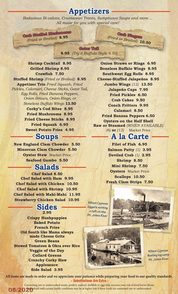 Menu at Corky Bell's Seafood at Gator Landing steakhouse, East Palatka
