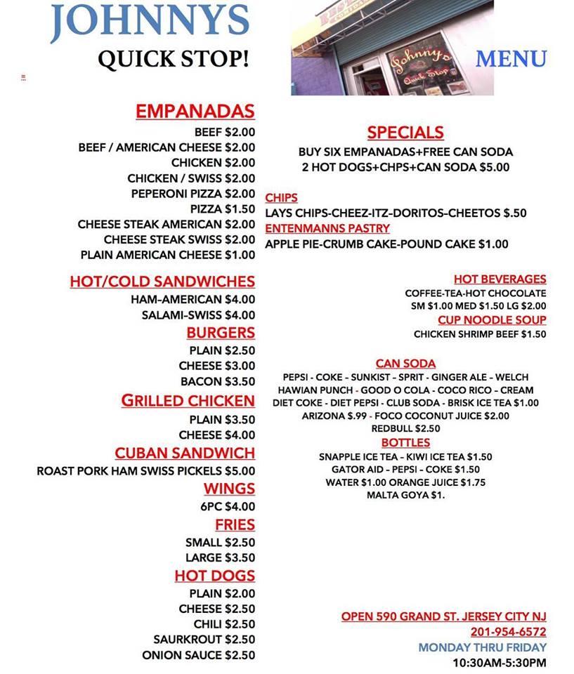 Menu at Johnny's Quick Stop, Jersey City