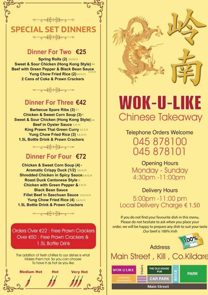 Menu at Wok U Like Chinese Takeaway Kill Kill restaurant, Ireland