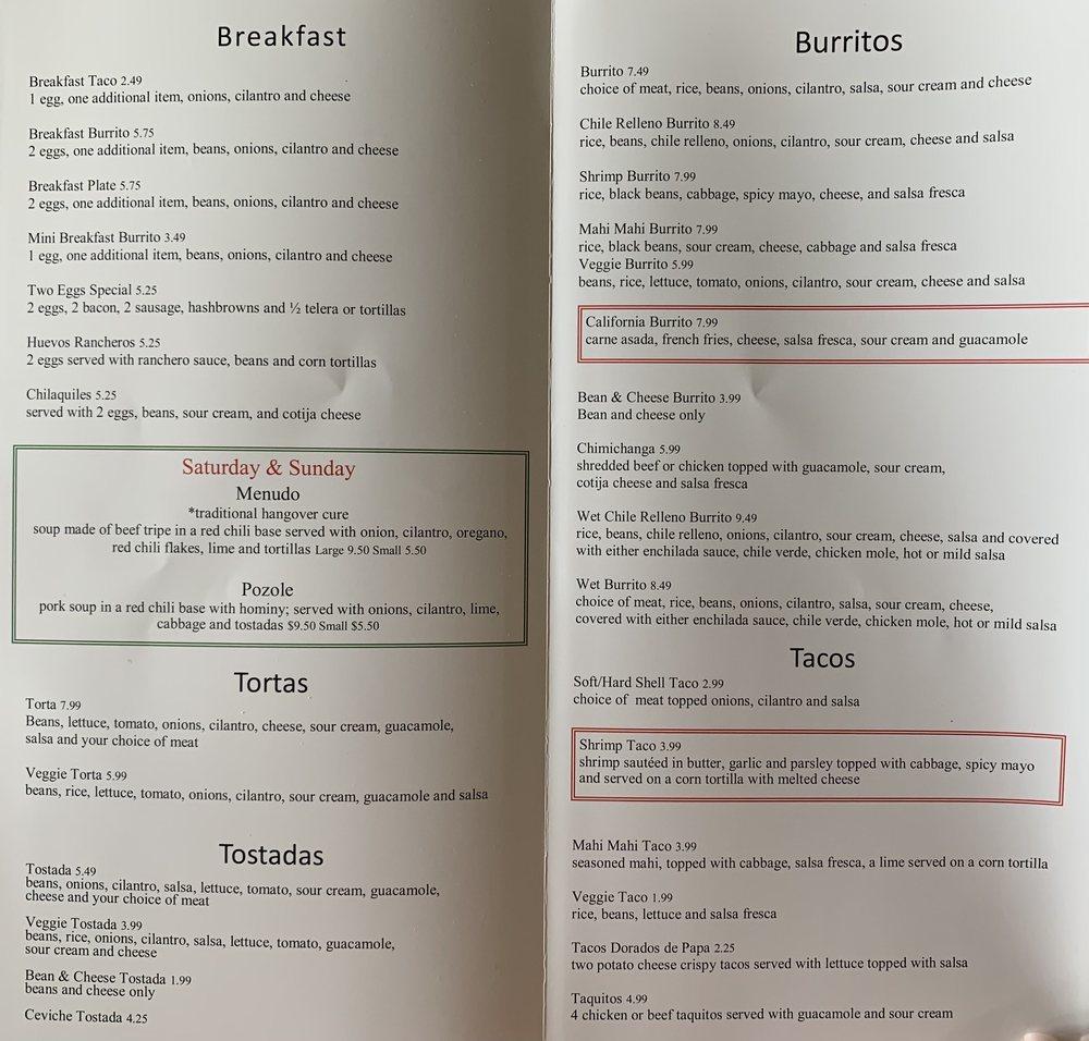 Menu at El Molino De Oro restaurant, San Juan Capistrano