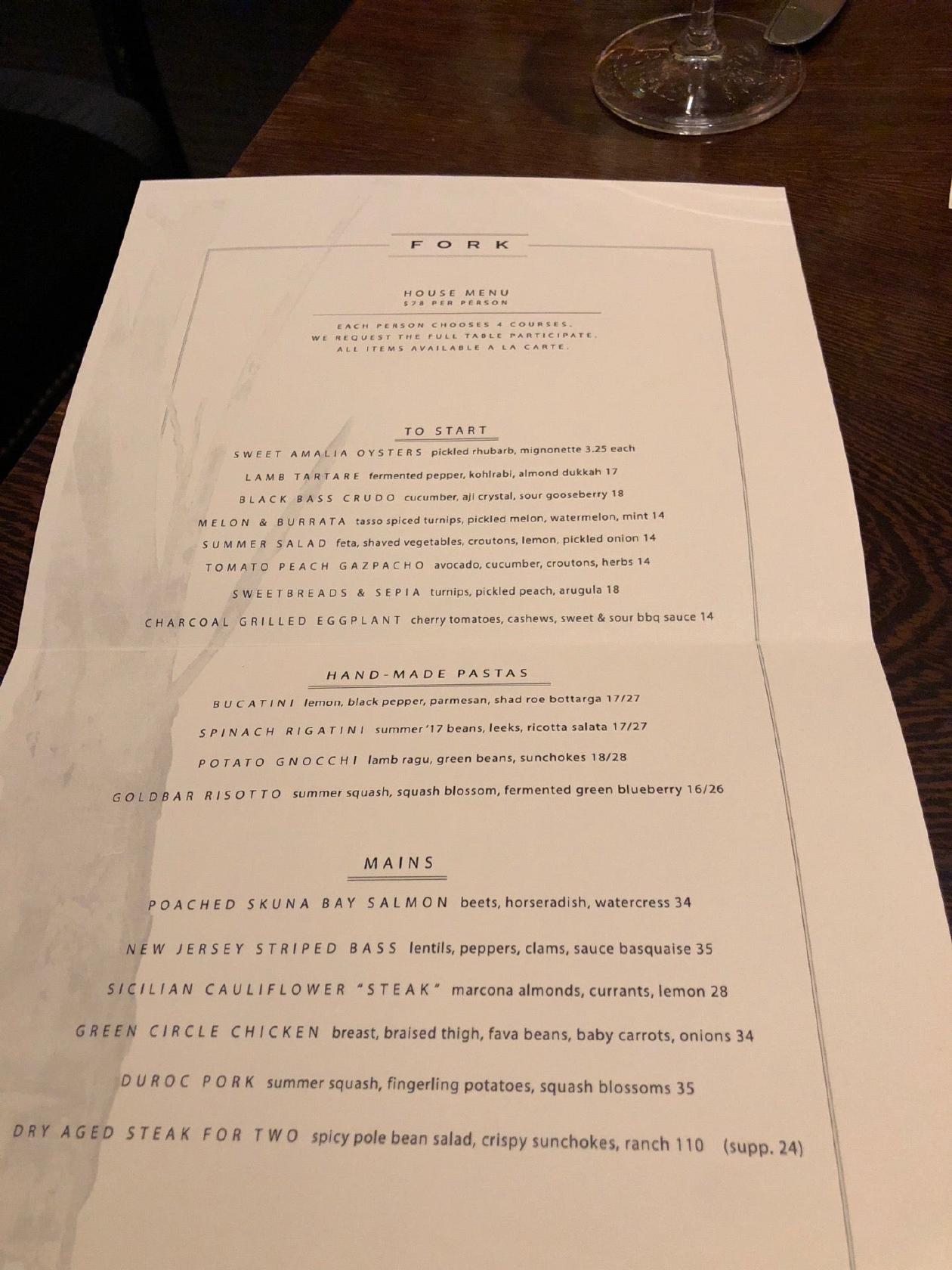 Menu at Fork restaurant, Philadelphia