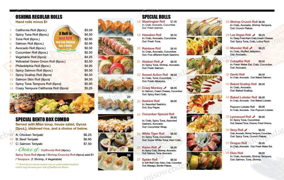 Menu at Oshima Japanese Cuisine restaurant, Lynnwood