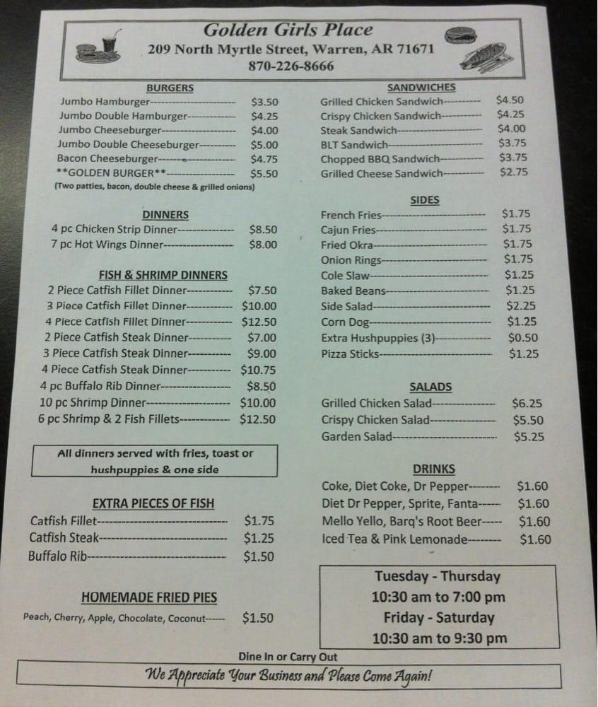 Menu at Golden Girls Place restaurant, Warren, 505 Clio St