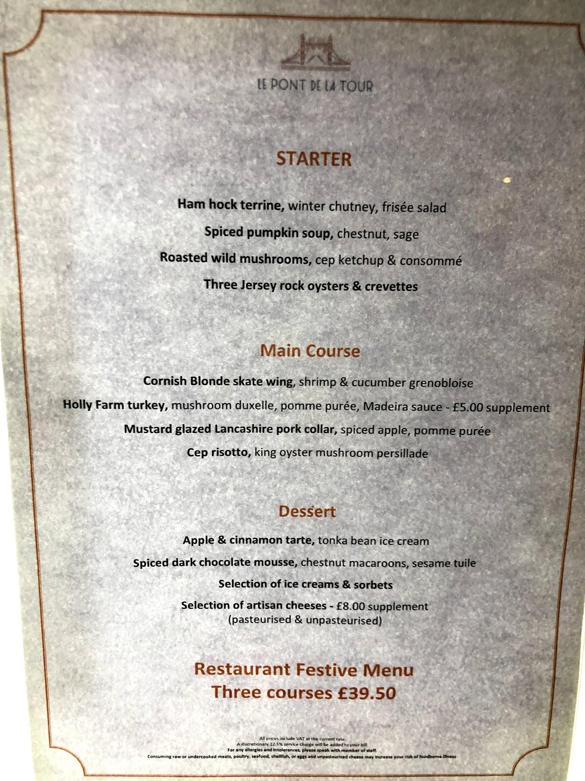 pont de la tour restaurant menu