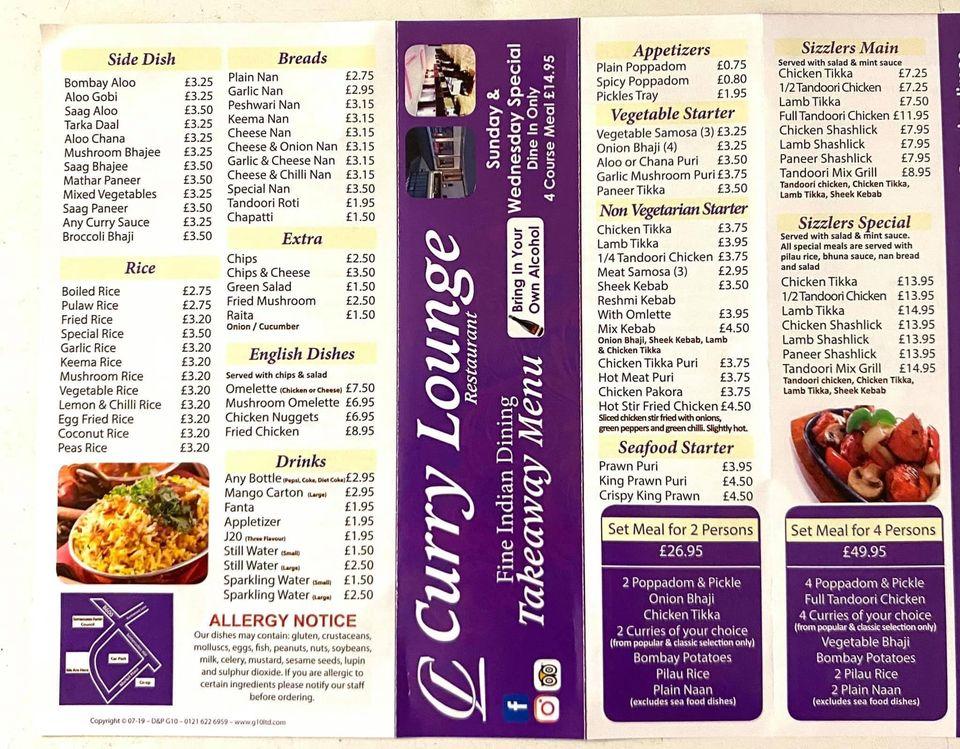 Menu at Curry Lounge restaurant, Alfreton