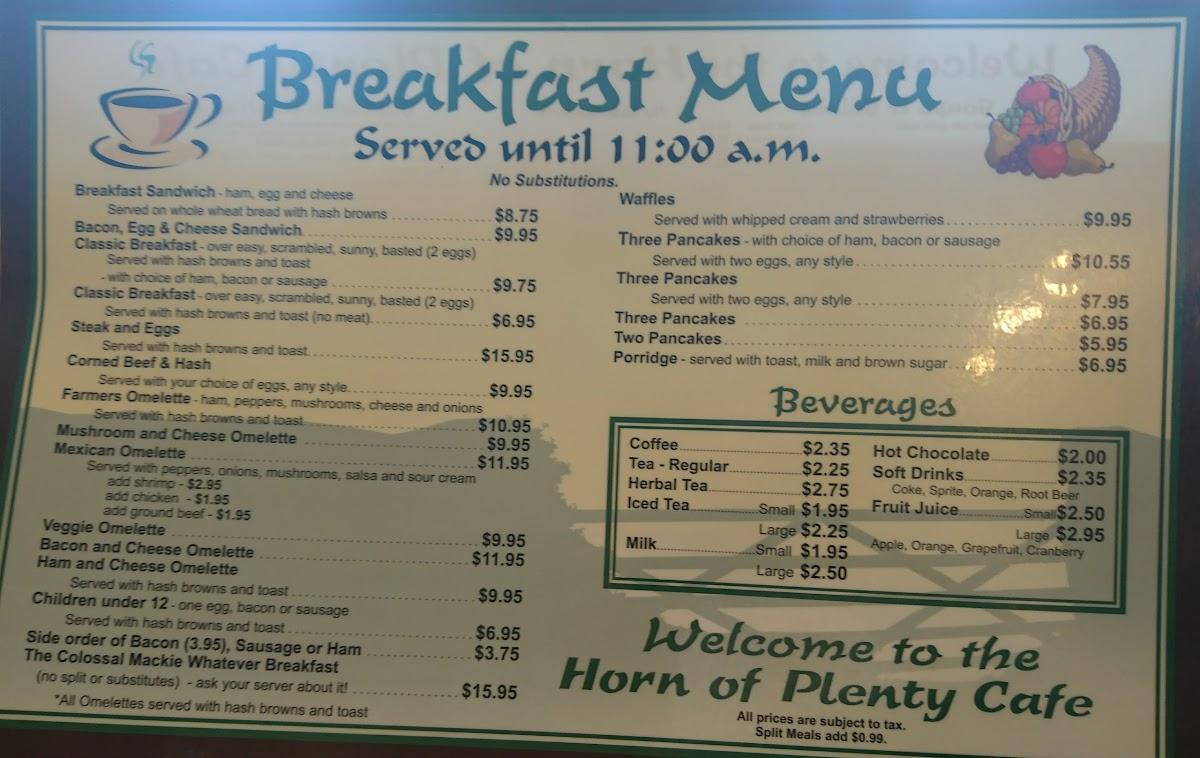 Menu at The Horn Of Plenty Café, Agassiz, Pioneer Ave