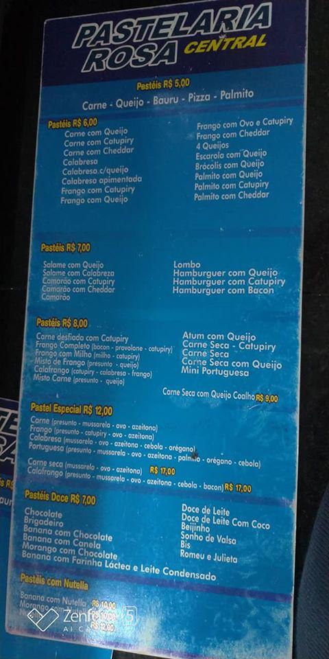 Menu at Pastelaria Rosa Central cafeteria, Mauá