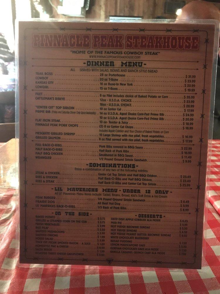 Menu at Pinnacle Peak Steakhouse, Colton, S La Cadena Dr