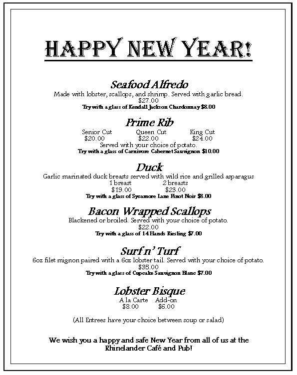 Menu at Rhinelander Pub, Rhinelander