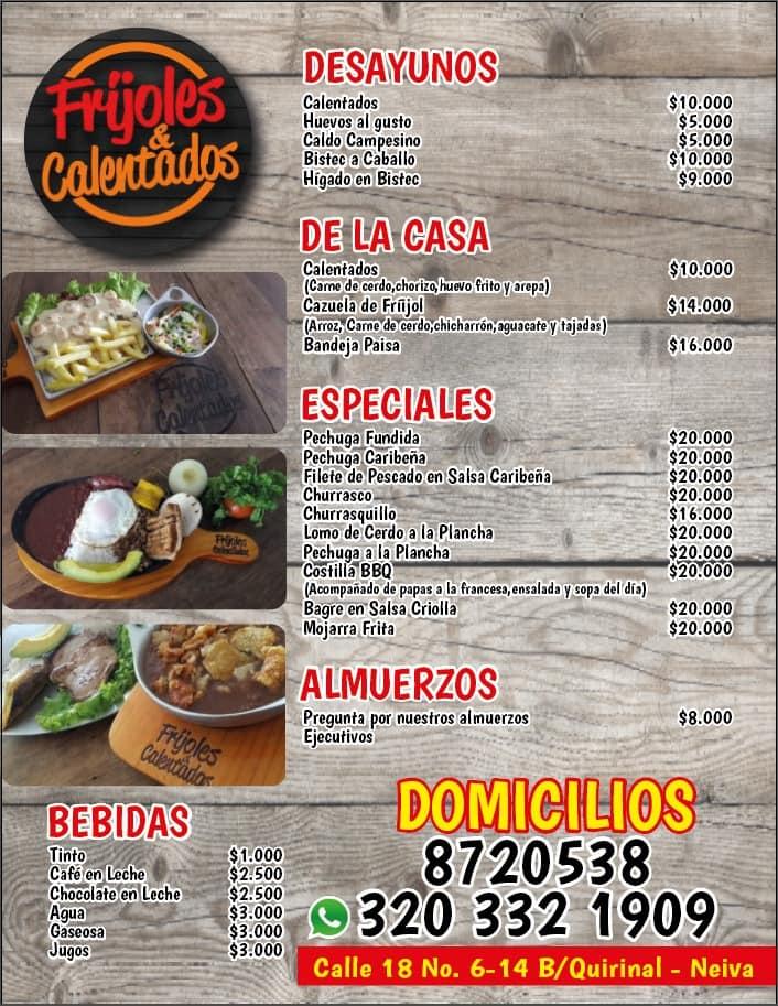 Menu at Fríjoles & Calentados restaurant, Neiva