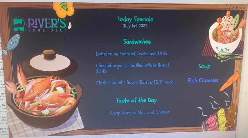 Menu at River's Edge Deli restaurant, Westbrook