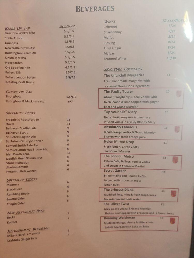 Menu at Three Lions Pub Novelty Hill, Redmond, NE Novelty Hill Rd