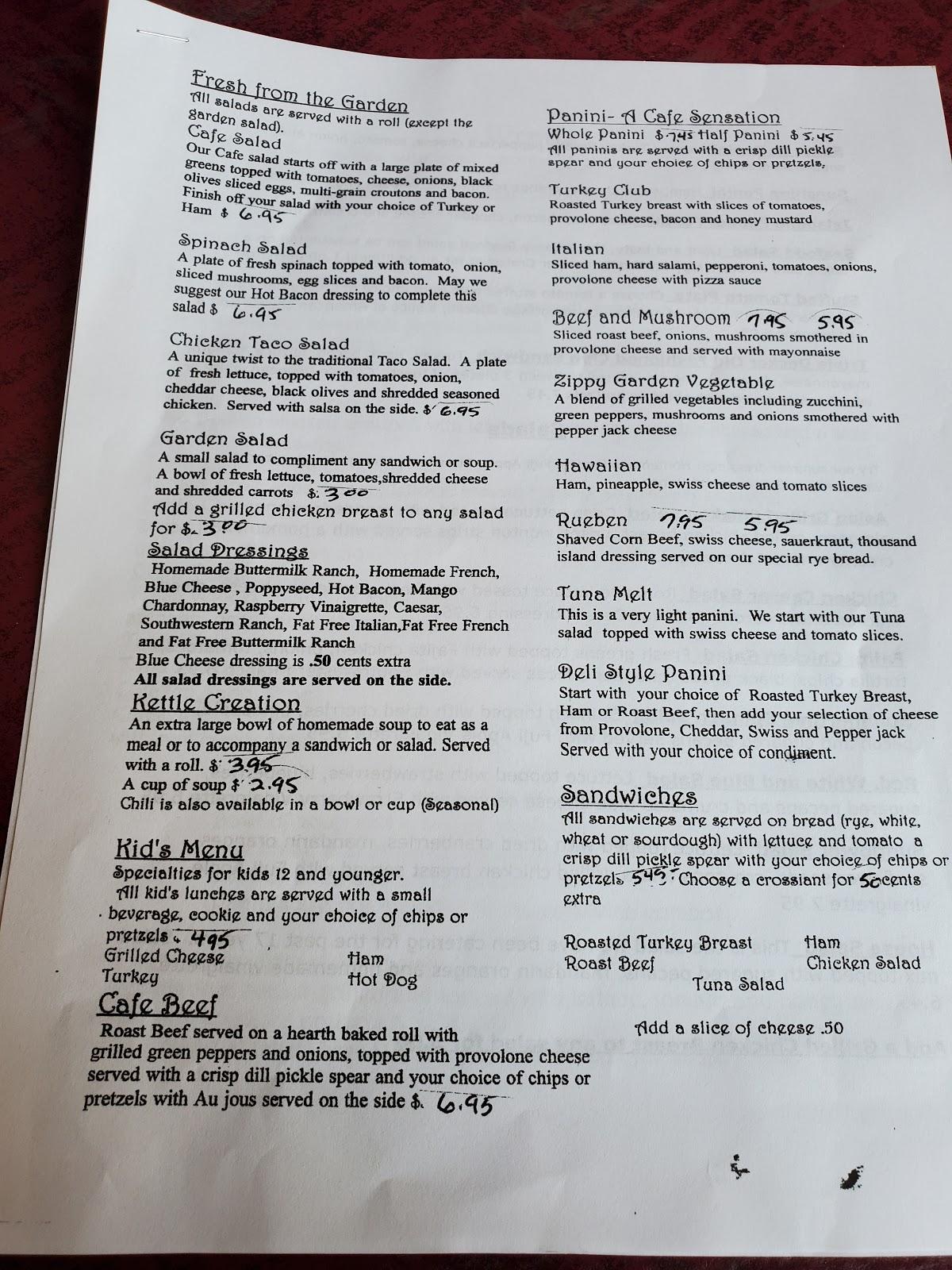 Menu at Corner Cup Cafe, Walkerton
