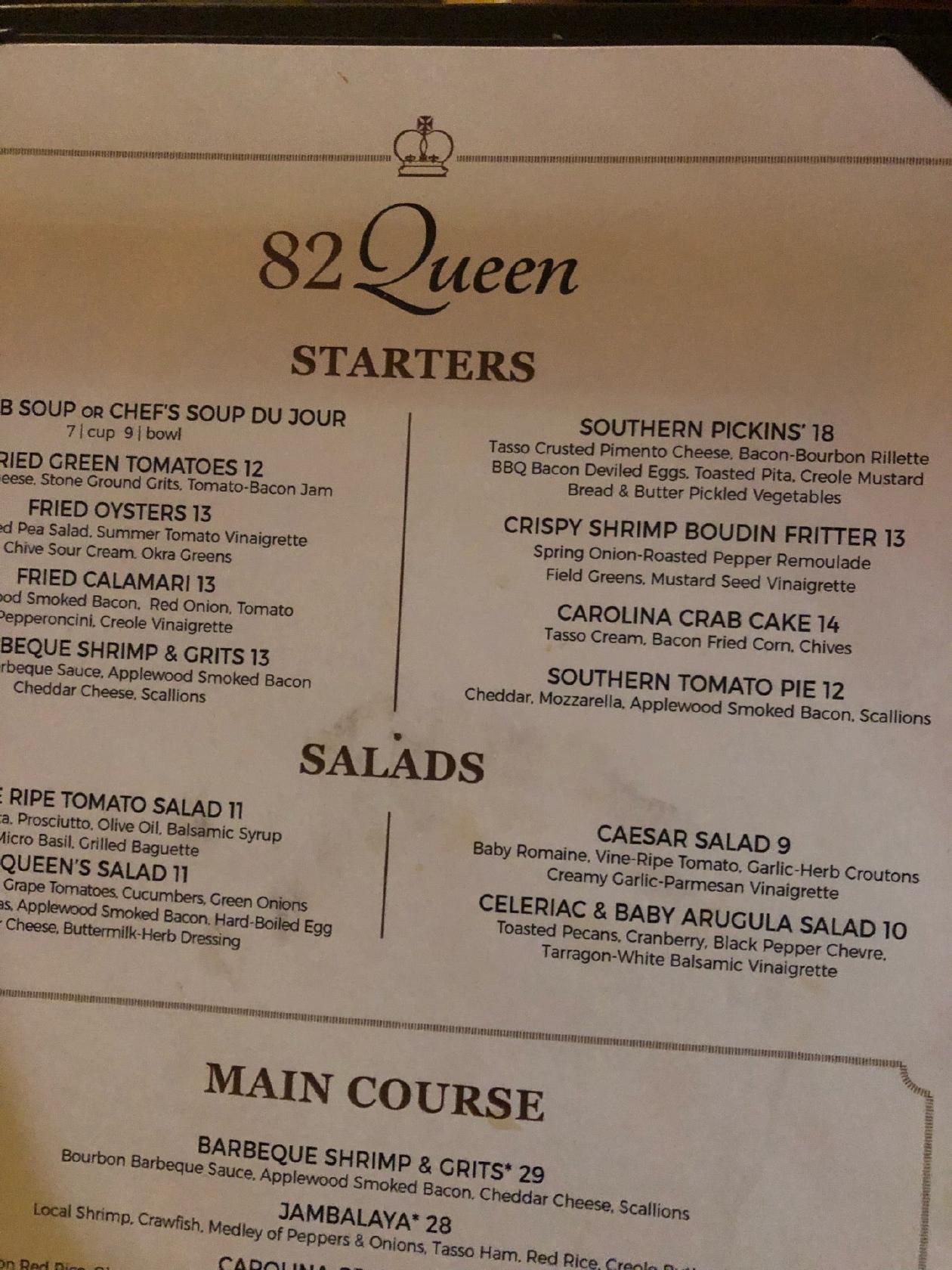 Menu at 82 Queen restaurant, Charleston