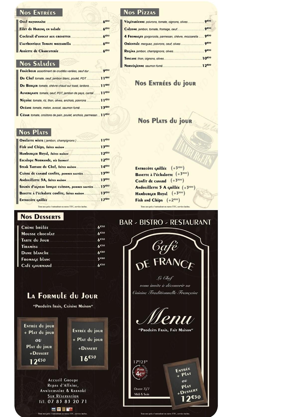 Menu At Le Café De France, Saint-denis