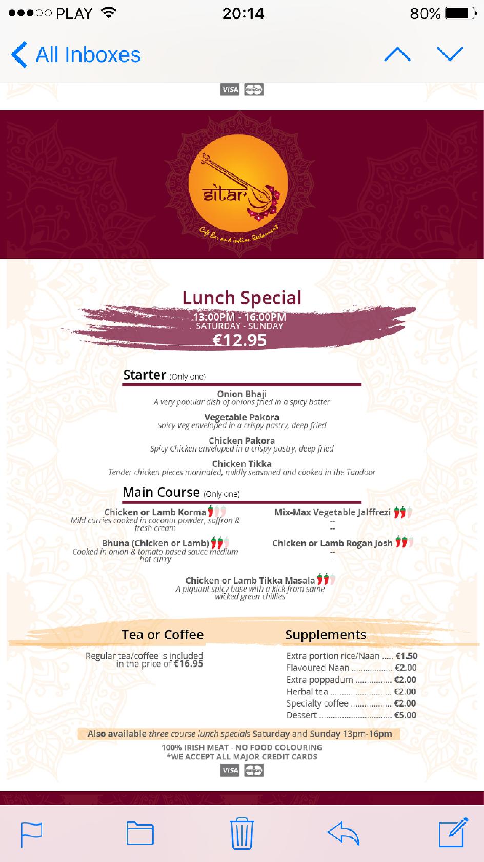 Menu at Sitar Indian Restaurant & Takeaway, Dundalk