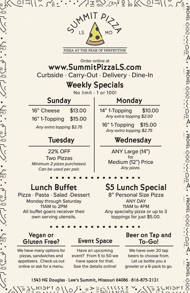 Menu at Summit Pizza pub & bar, Lee's Summit, NE Douglas St