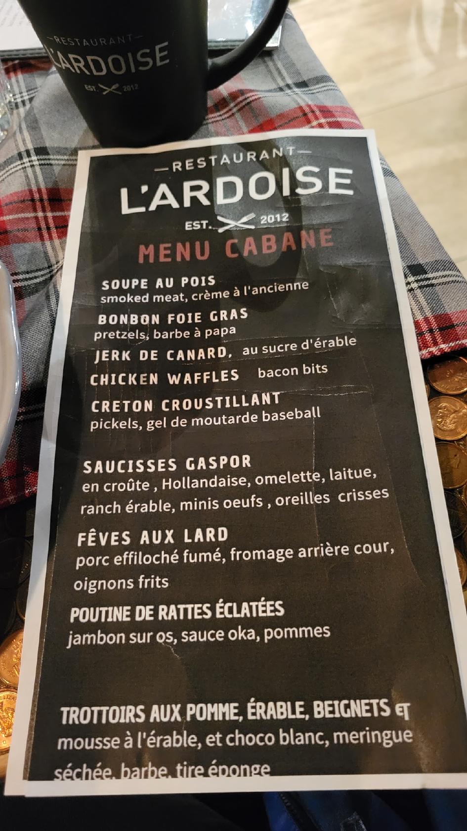 Menu au Restaurant L'Ardoise, SainteThérèse, 327 CuréLabelle