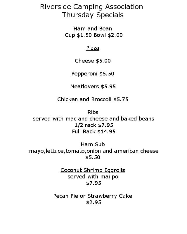 Menu at Riverside Camping Association club, Lancaster