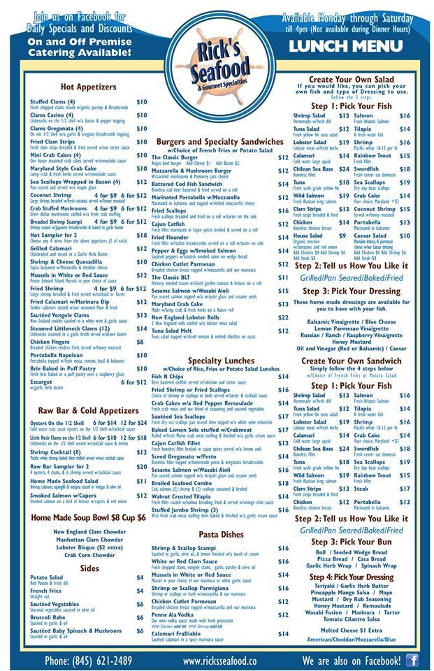 Menu at Rick's Seafood restaurant, Mahopac