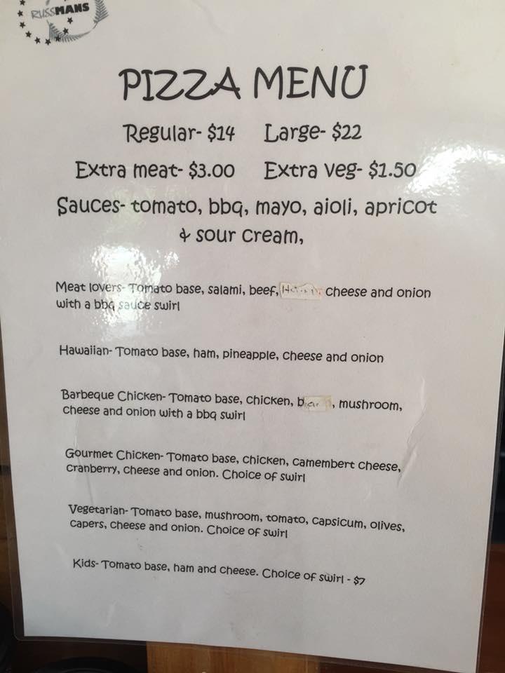 Menu at Russmans cafe, Whakamaru