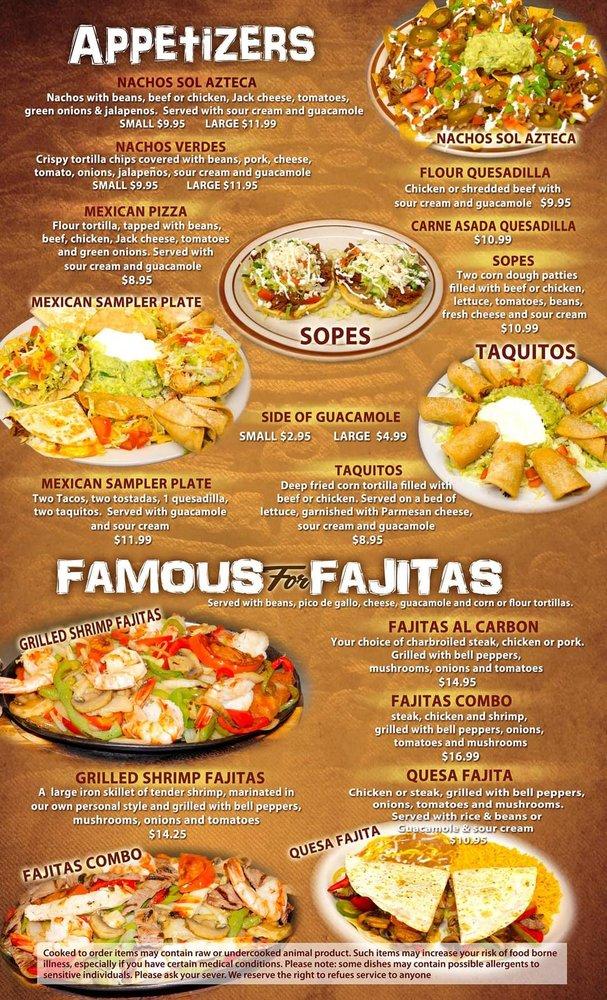 Menu at Sol Azteca Mexican Restaurant, Cottage Grove