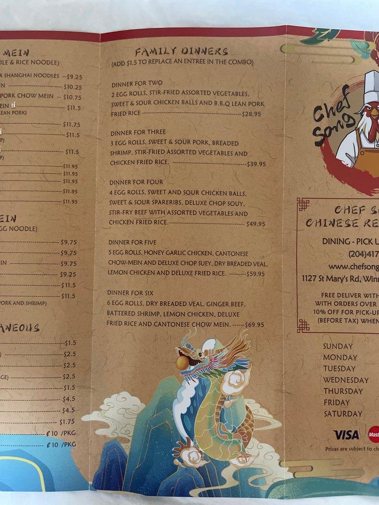 Menu at Chef Song's Chinese Restaurant, Winnipeg