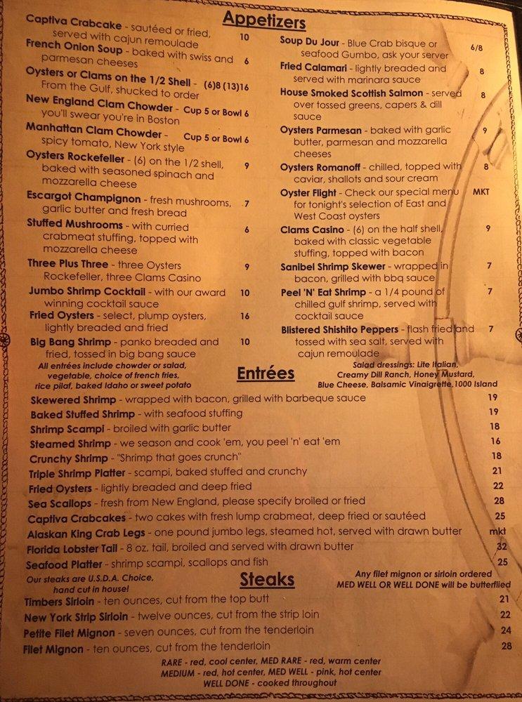 Menu at Timbers Restaurant, Sanibel