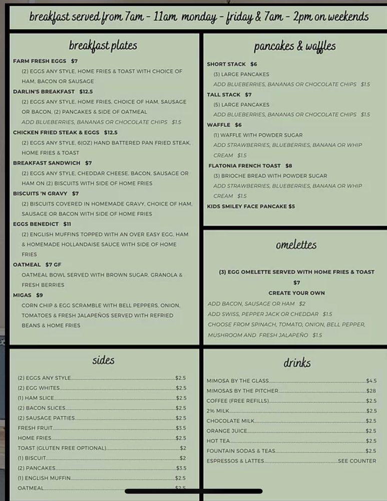Menu at Darlin’s Diner restaurant, Flatonia