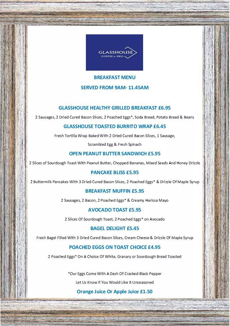 Menu at Glasshouse Coffee & Deli cafe, Lisburn