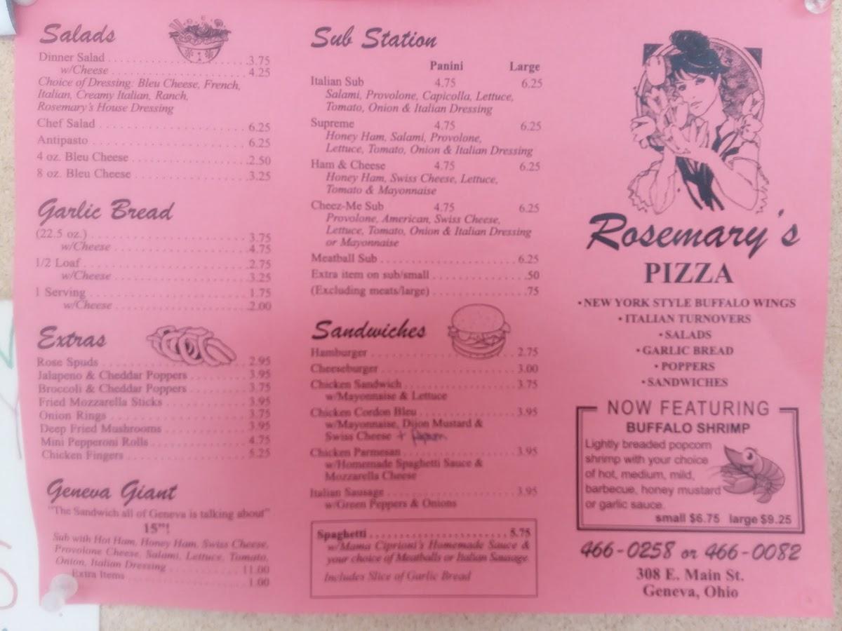 Menu at Rosemary's Pizza pizzeria, Geneva