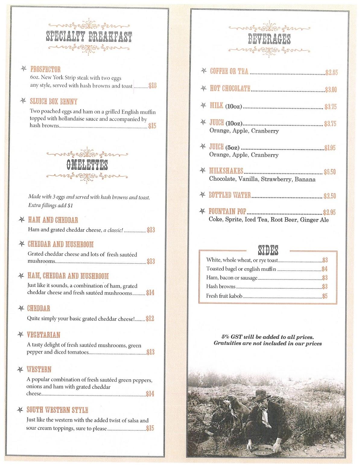 Menu at Gold Panner Restaurant, Carmacks