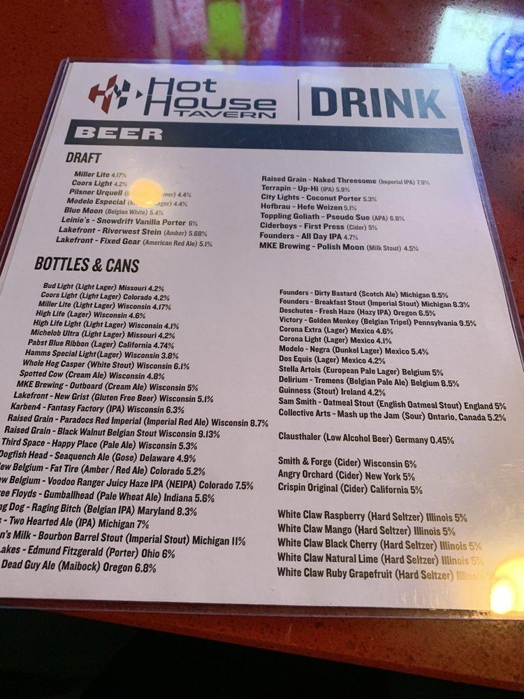 Menu at The Hot House Tavern restaurant, Menomonee Falls