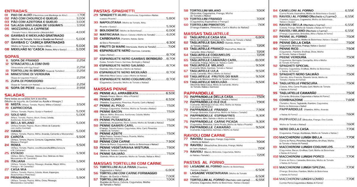 Bella milano deals menu