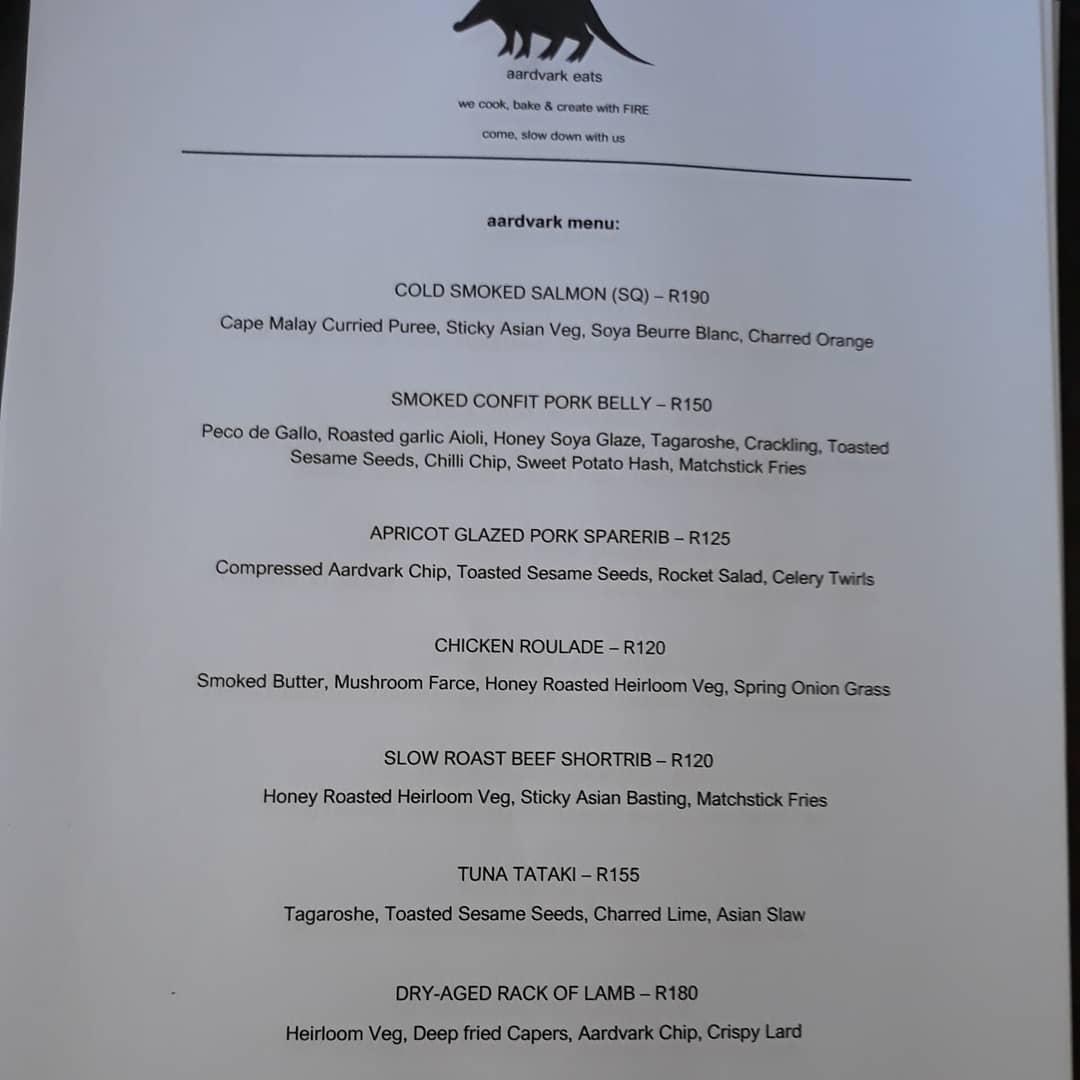 Menu at aardvarkeats restaurant, Riebeeck Kasteel