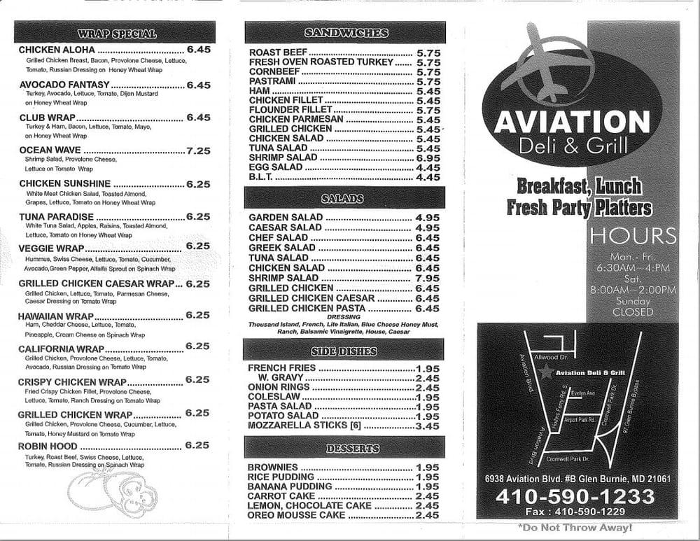 Menu at Aviation Deli & Grill restaurant, Glen Burnie