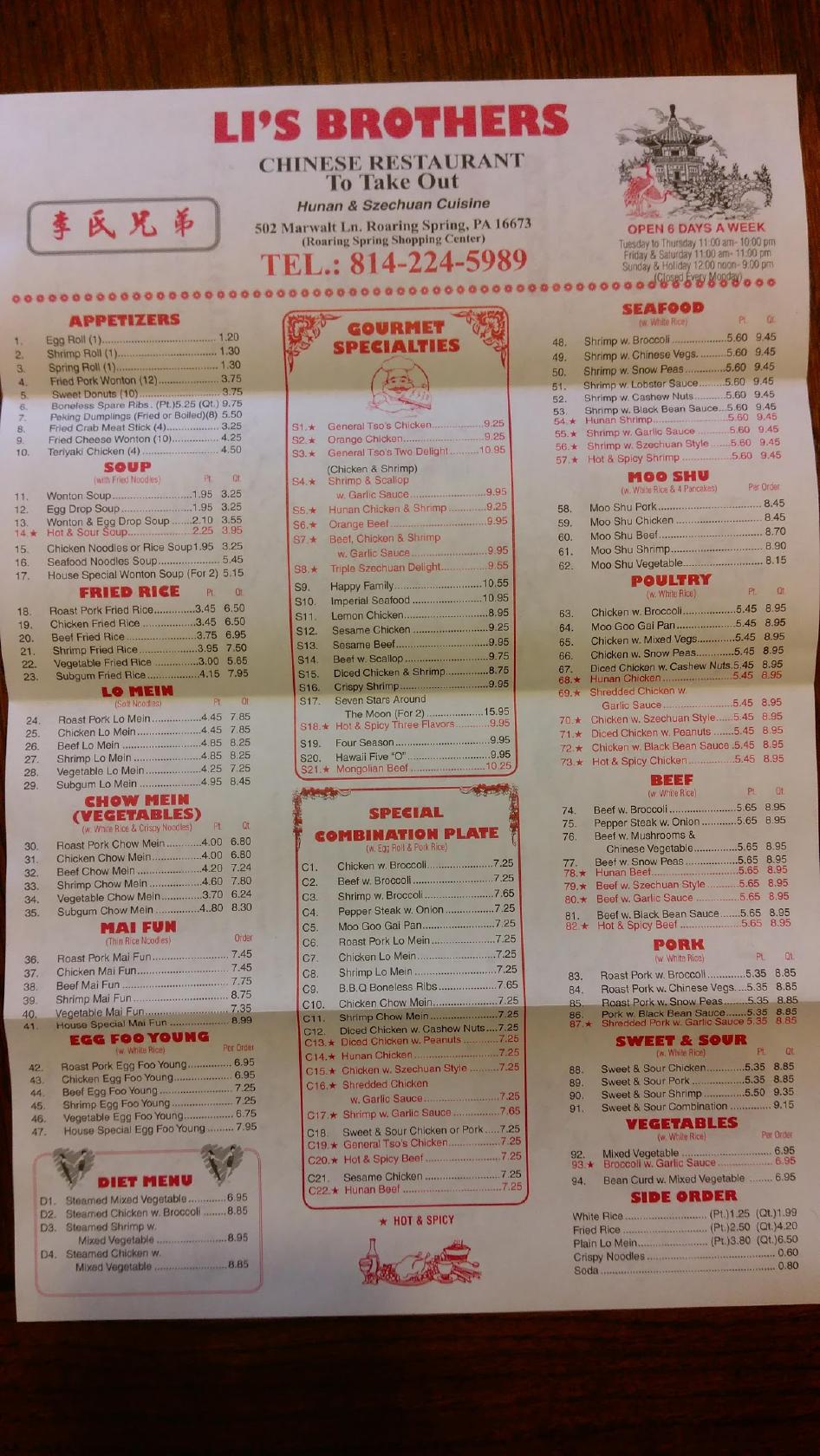 Menu at Li's Brothers restaurant, Roaring Spring