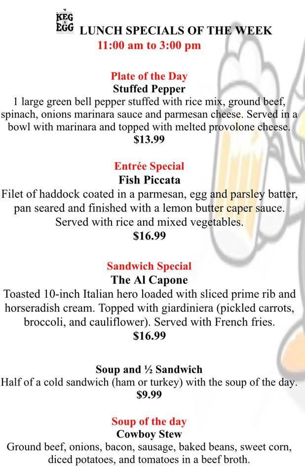 Menu at The Keg and Egg pub & bar, Wilmington