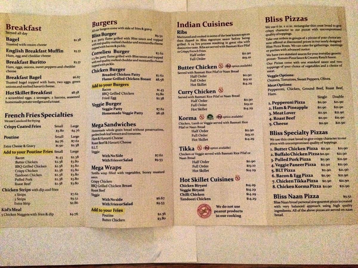 Menu at Bliss Coffee restaurant, Quesnel