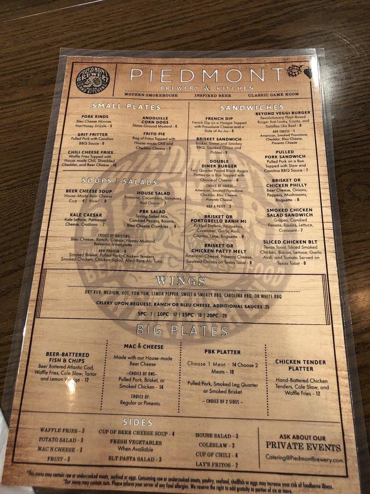 Menu at Piedmont Brewery & Kitchen pub & bar, Macon