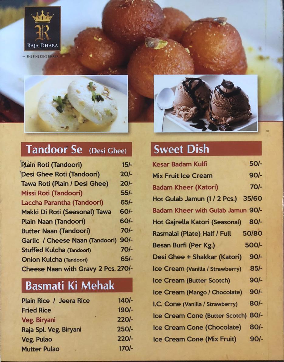 Menu At Raja Dhaba, Khant, Ludhiana - Chandigarh NH